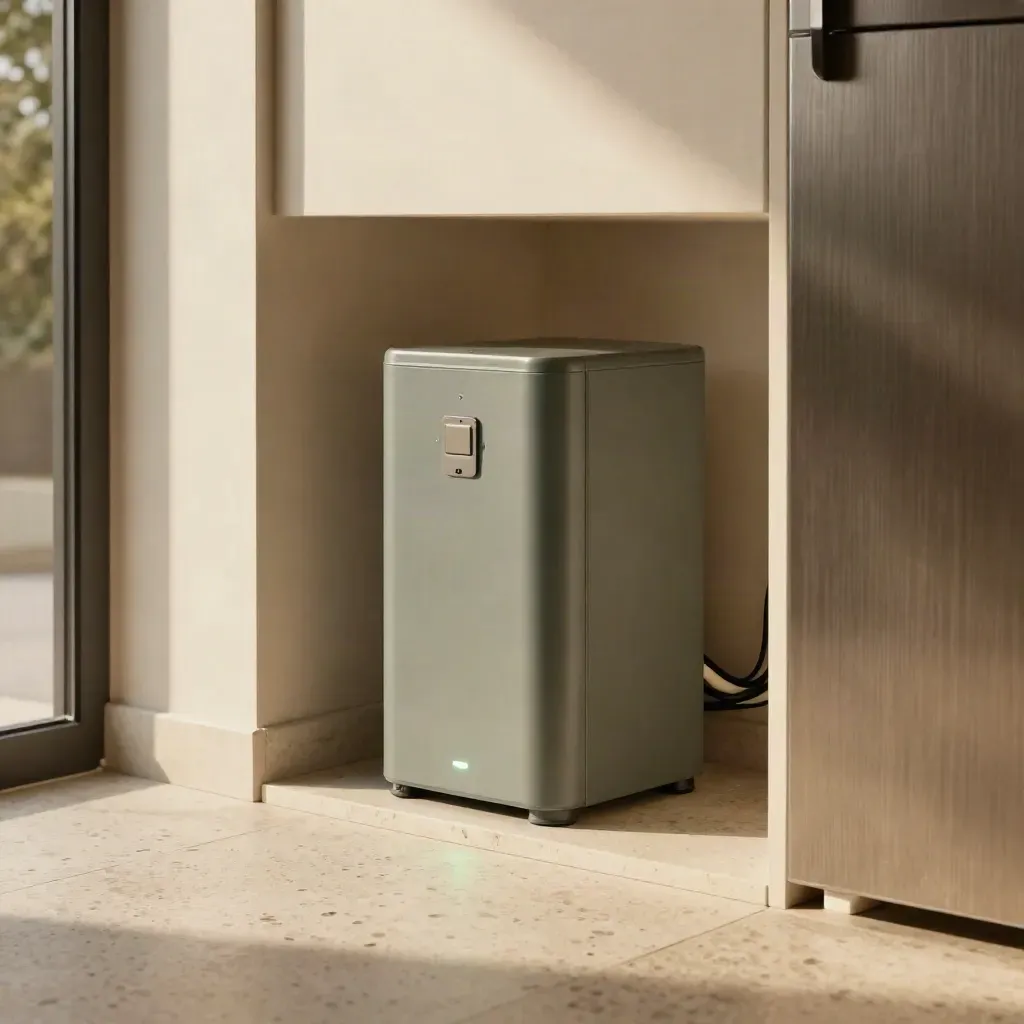 Battery storage system installed in a cozy utility nook with warm daylight and stone floor.