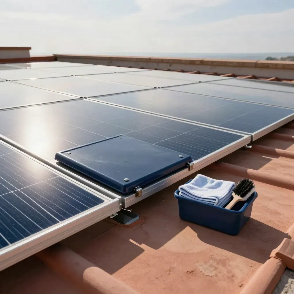 Freshly cleaned rooftop solar array beside a navy inspection hatch and maintenance caddy