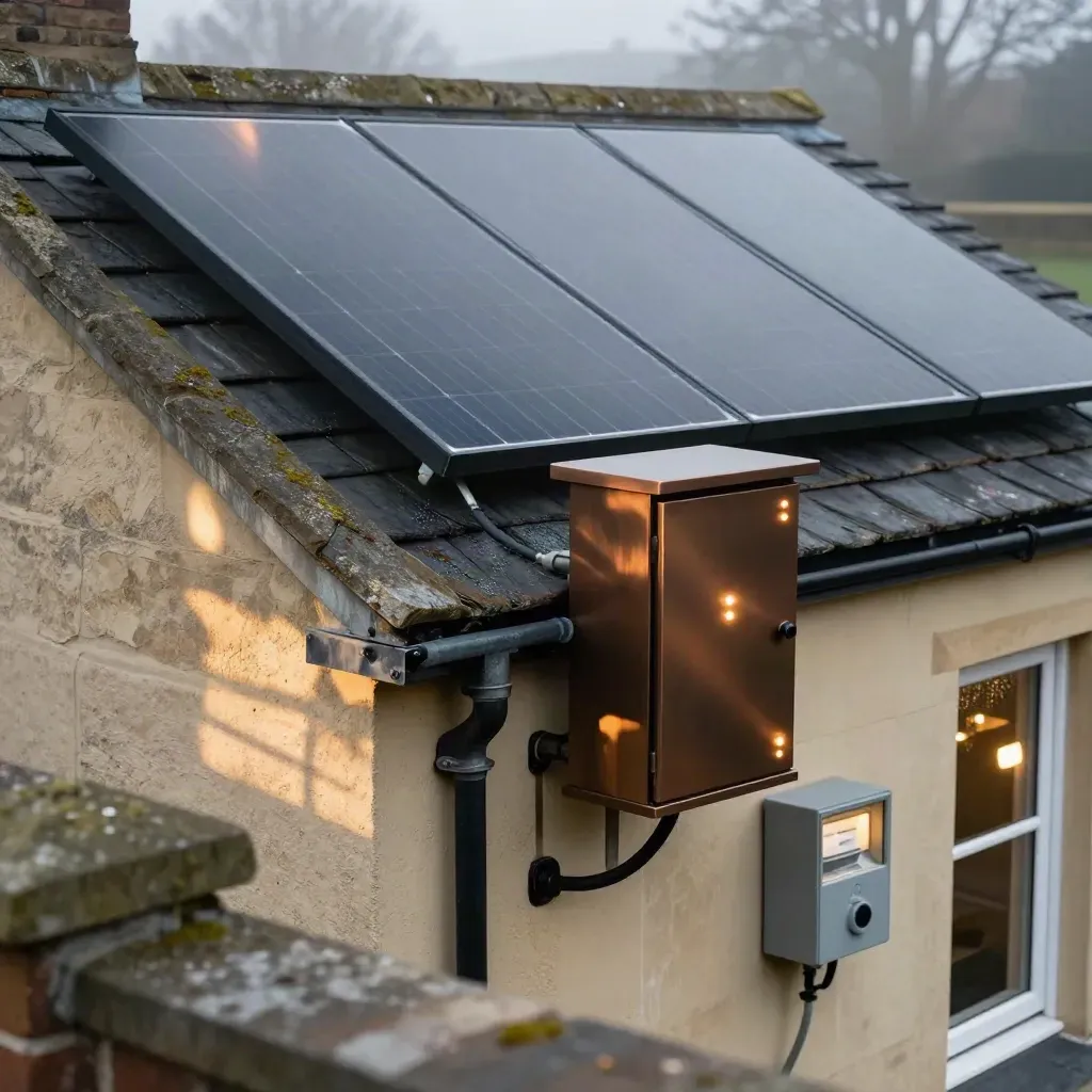 Oxford shop roof solar array with monitoring box and lit meter enclosure at the rear wall.