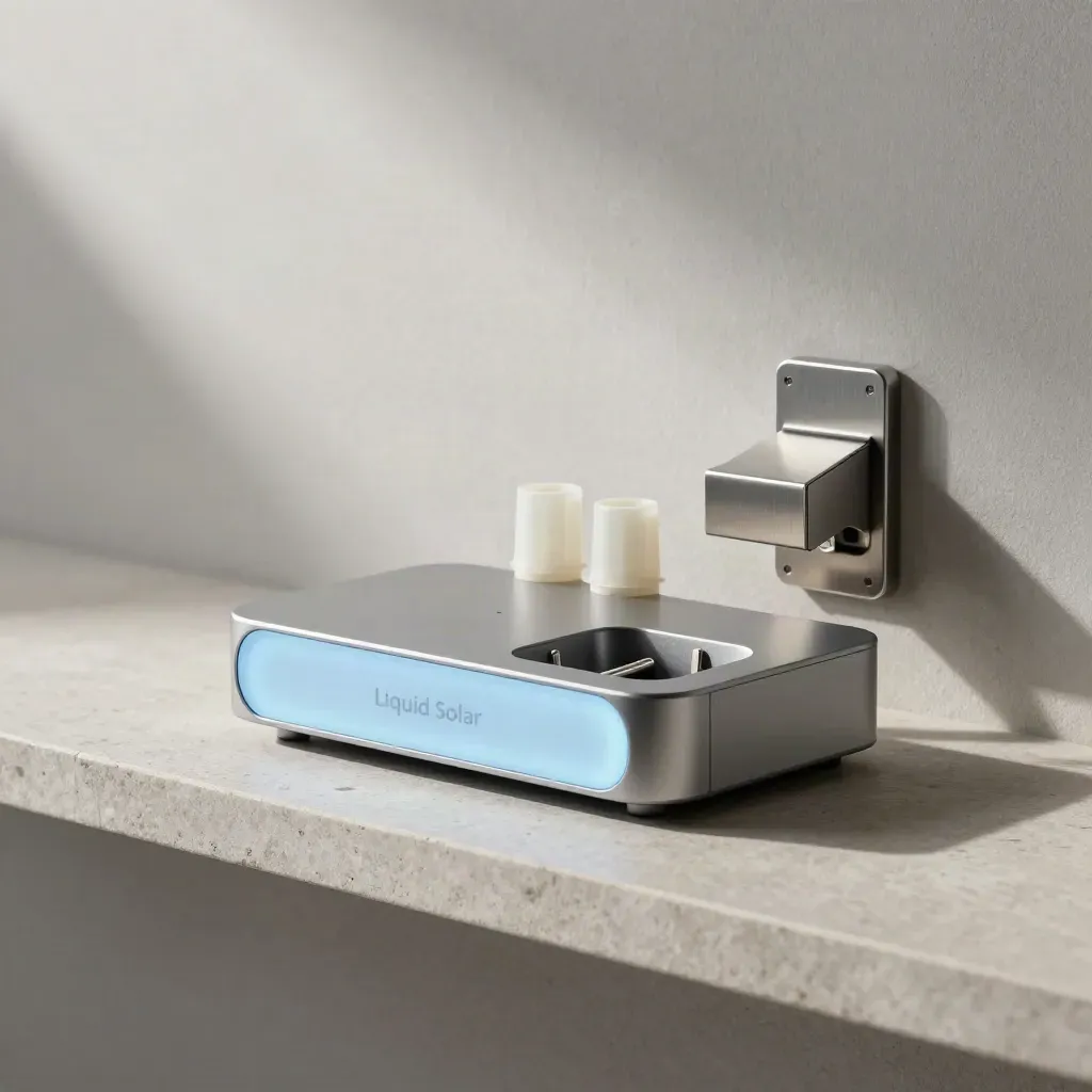 Gateway hub and solar handover accessories on a stone shelf, lit by a soft blue status glow.