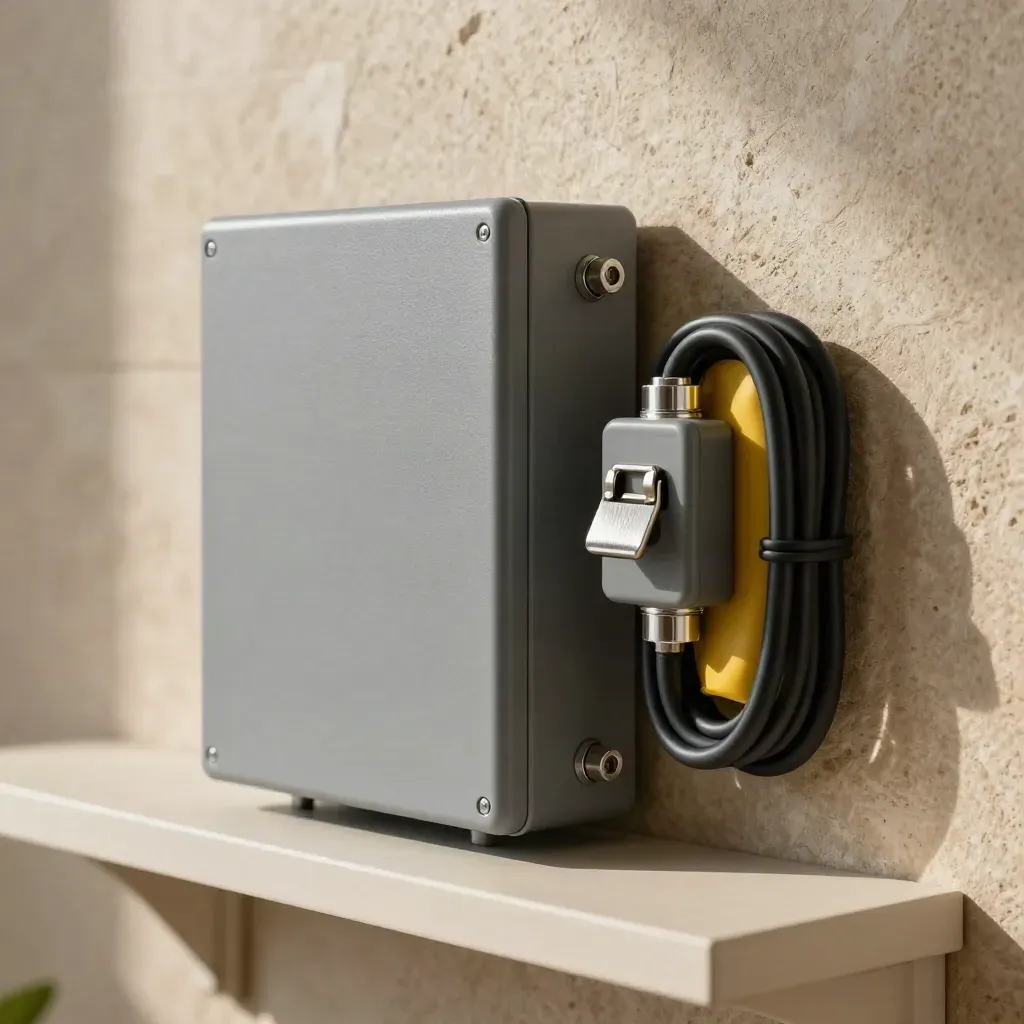 Solar inverter corner with isolator, junction box and cable coil on pale plaster.