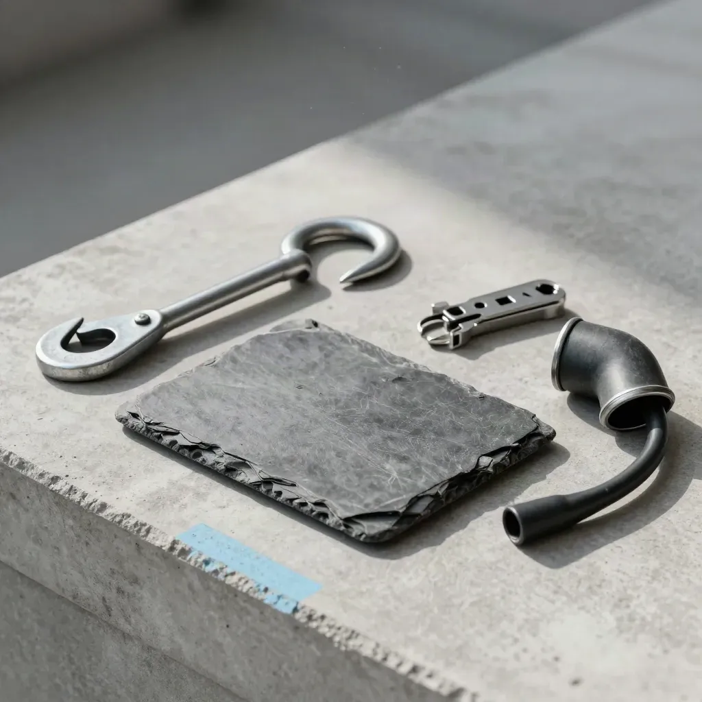 Slate roof-check toolkit with hook, cable clip and conduit elbow on pale concrete